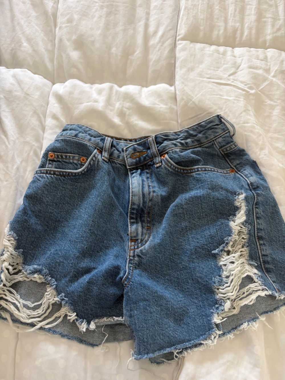 Topshop Distressed Blue High-Waist Denim Shorts